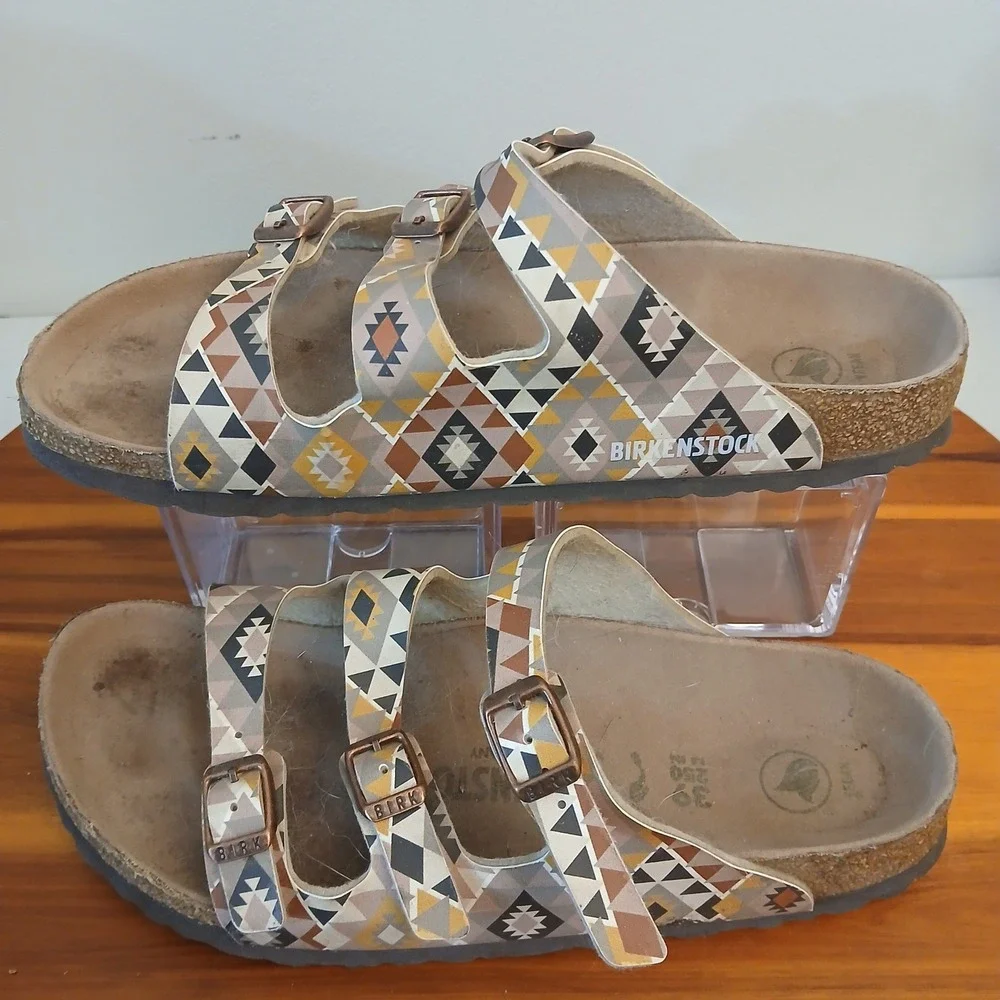 Birkenstock Florida Womens 39 Multicolor Geometric Slides Sandals Corkboard